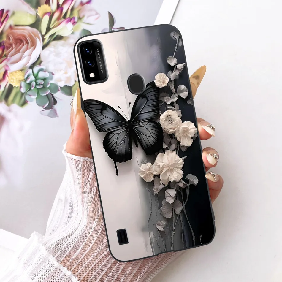 Charming Floral Butterfly Cat Black Silicone Phone Case
