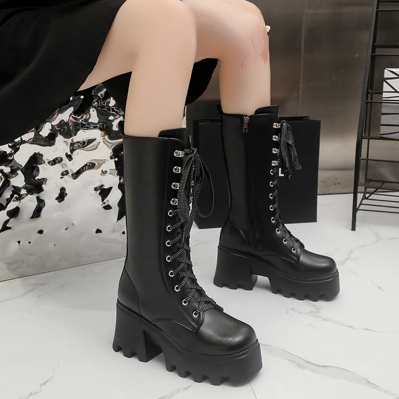 Knee Boots Black Platform Military Lace Up Boots 2025 Winter
