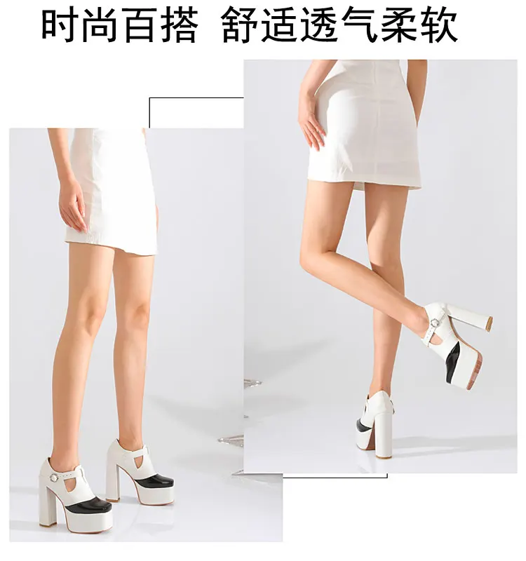 Neue europäische und amerikanische Stil dicke Sohle, dicke Ferse 13.5cm Super High Heels, tief geschnittene Einzelschuhe, T-förmiger Schnallenriemen, höhenversteigernde Modell Walking Schuhe, Frauen übergroße Größe 48 – Detail 20