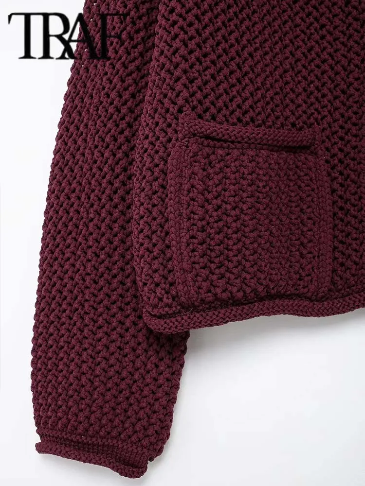 TRAF Autumn Winter Knitted Cardigans For Women Casual Button Long Sleeve Female Sweater 2024 Fashion Loose Lady Cardigans Coat 6