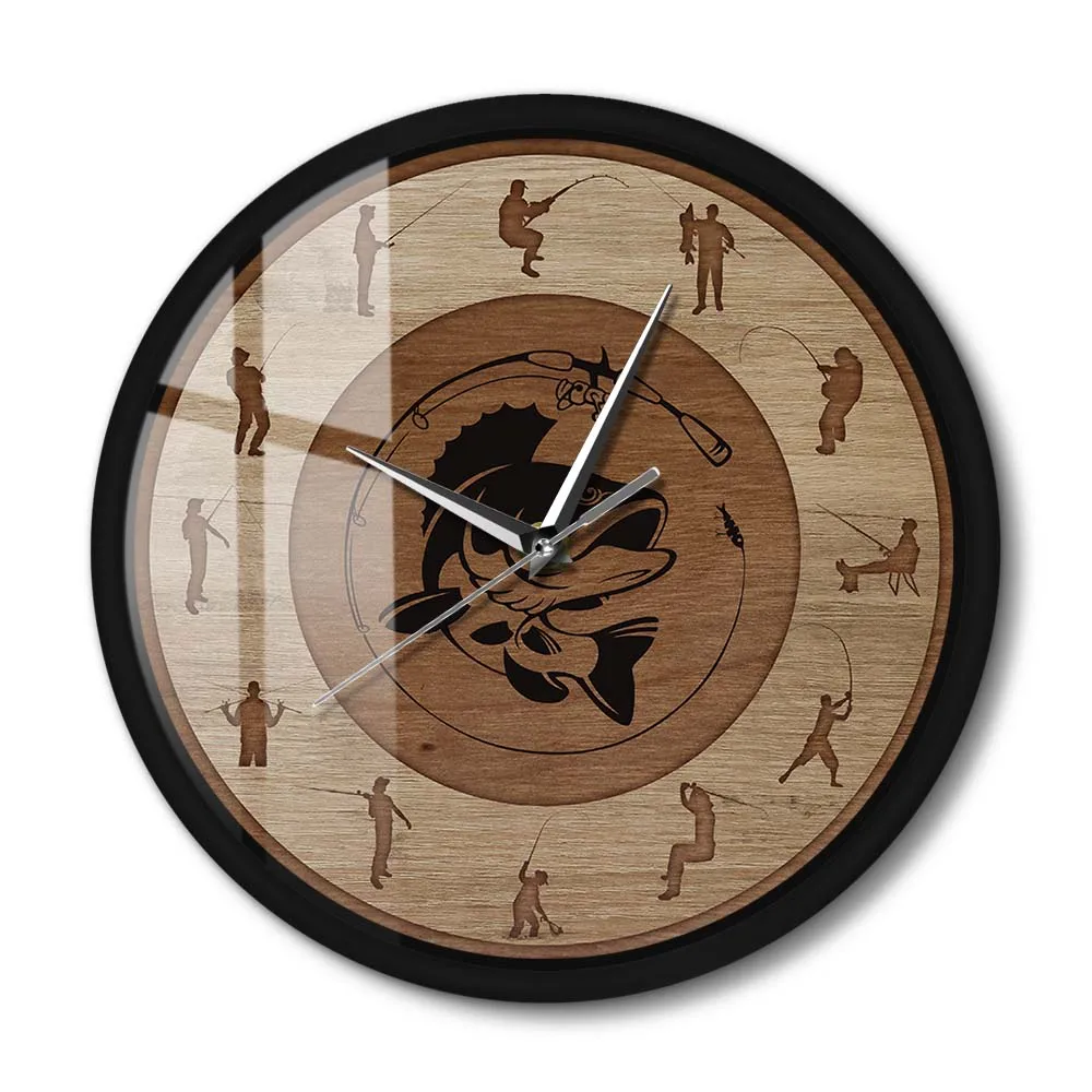 Bass Art Fish O'Clock Fishing Silent Metal Frame Orologio Da Parete Lodge Cabin Art Decor Fisherman Wall Watch Fishing For Him Man Cave