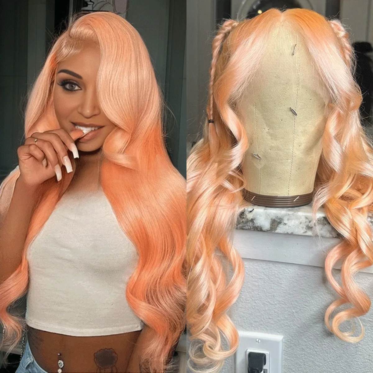 13x4 Transparent Lace Front Human Hair Wig Light Orange Body Wave Wigs 180% Density Brazilian Human Hair Preplucked Hairline