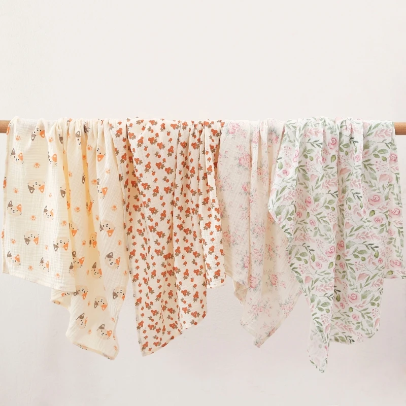 Cotton Muslin Swaddle Blanket Baby Blanket Floral Print Muslin Diaper Swaddle New Born Crinkle Fabric Stroller Cover