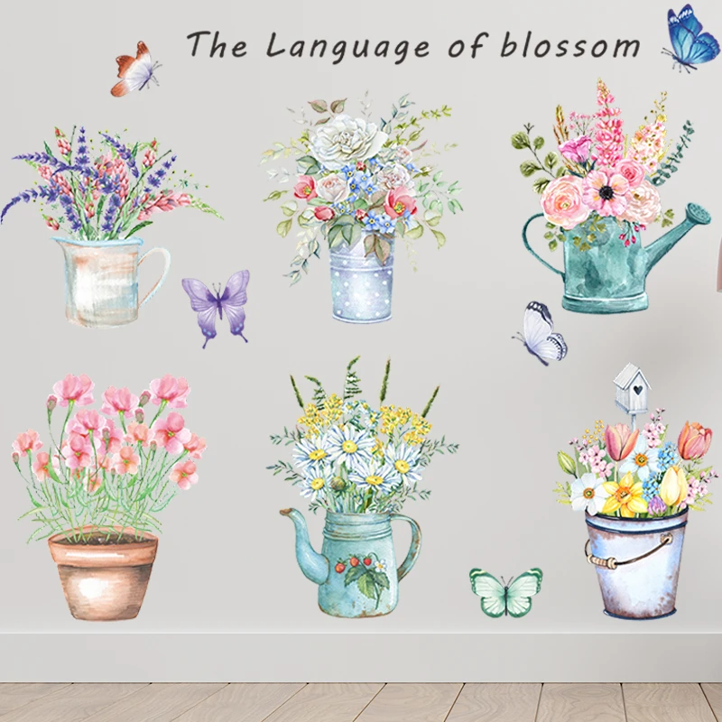 Beautiful Blossom Flowerpot Butterfly Wall Stickers For Bedroom Baseboard Decoration Plant Mural Art Home Decal Pastoral Poster