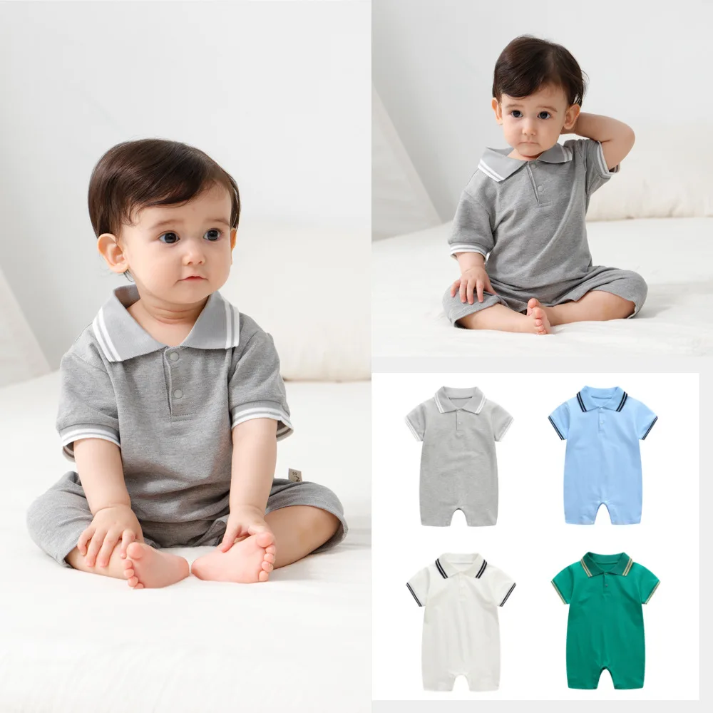 New Baby Boys And Girls Summer Gentleman Newborn Romper Lapel Short-sleeved Bodysuit Unisex Jumpsuit Cotton Solid Color Casual black baby bodysuits	