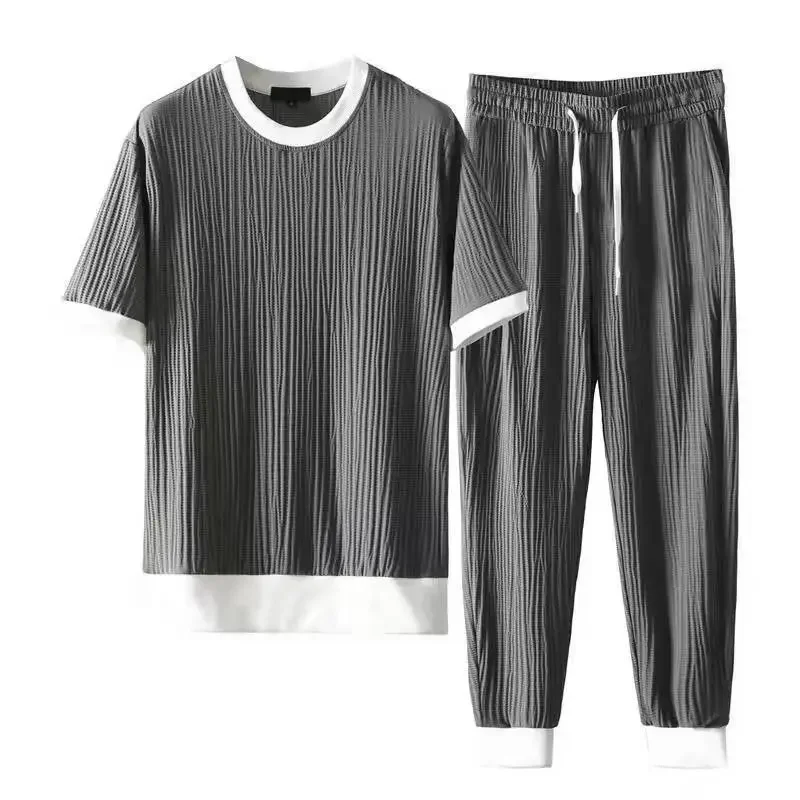 Summer Casual Suit Men's 2025 New Round Neck Elastic Breathable Pleated Short-sleeved Nine-point Pants Thin One Set S0253f72eda1b4160add47f296fab0e9eL