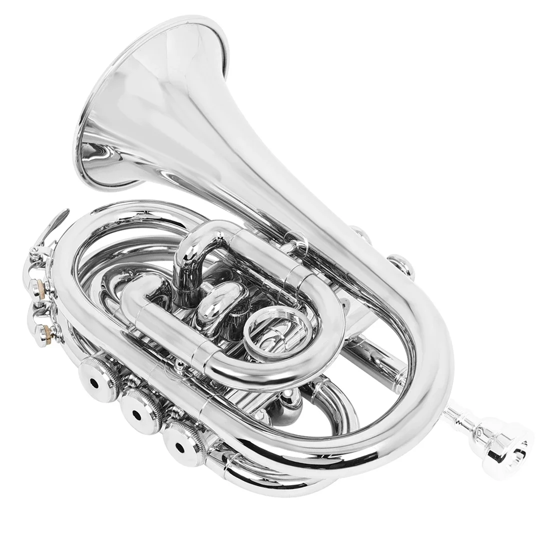 Pocket Trumpet B flat Palm Number Silver for Beginner Students with Blow Nozzle 7C Cleaning Kit Gloves Box Brass Accessory