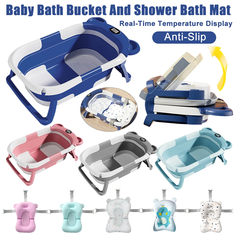 Foldable Baby Bathtub With Pad Adjustable Shower Cushion Portable Newborn Support Seat Mat