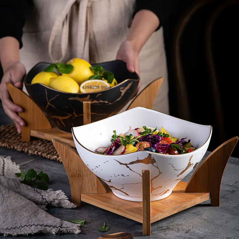 Household Square Fruit Salad Bowl Snack Fruit Plate Tableware Creative Ceramic Marbled Dessert Bowl Kitchen Restaurant Supplies