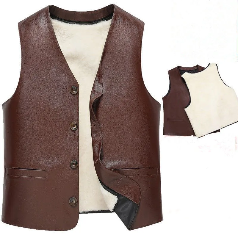 Men's Cowhide Wool Vest Waistcoat, Removable Wool Liner, V Neck, Single Breasted Vest, Sleeveless Waistcoat, Autumn, Winter, 5XL