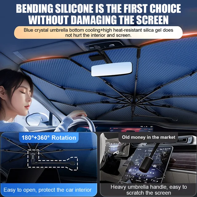Car Sunshade Windshield Umbrella with 360°Rotation Bendable Handle Front Window Sun shade UV Protection Summer Car Accessories 3