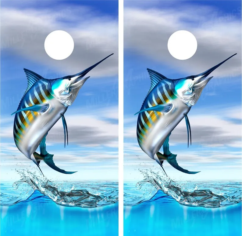 

Striped Marlin Jumping Out of Water Fishing Cornhole Wraps Decals