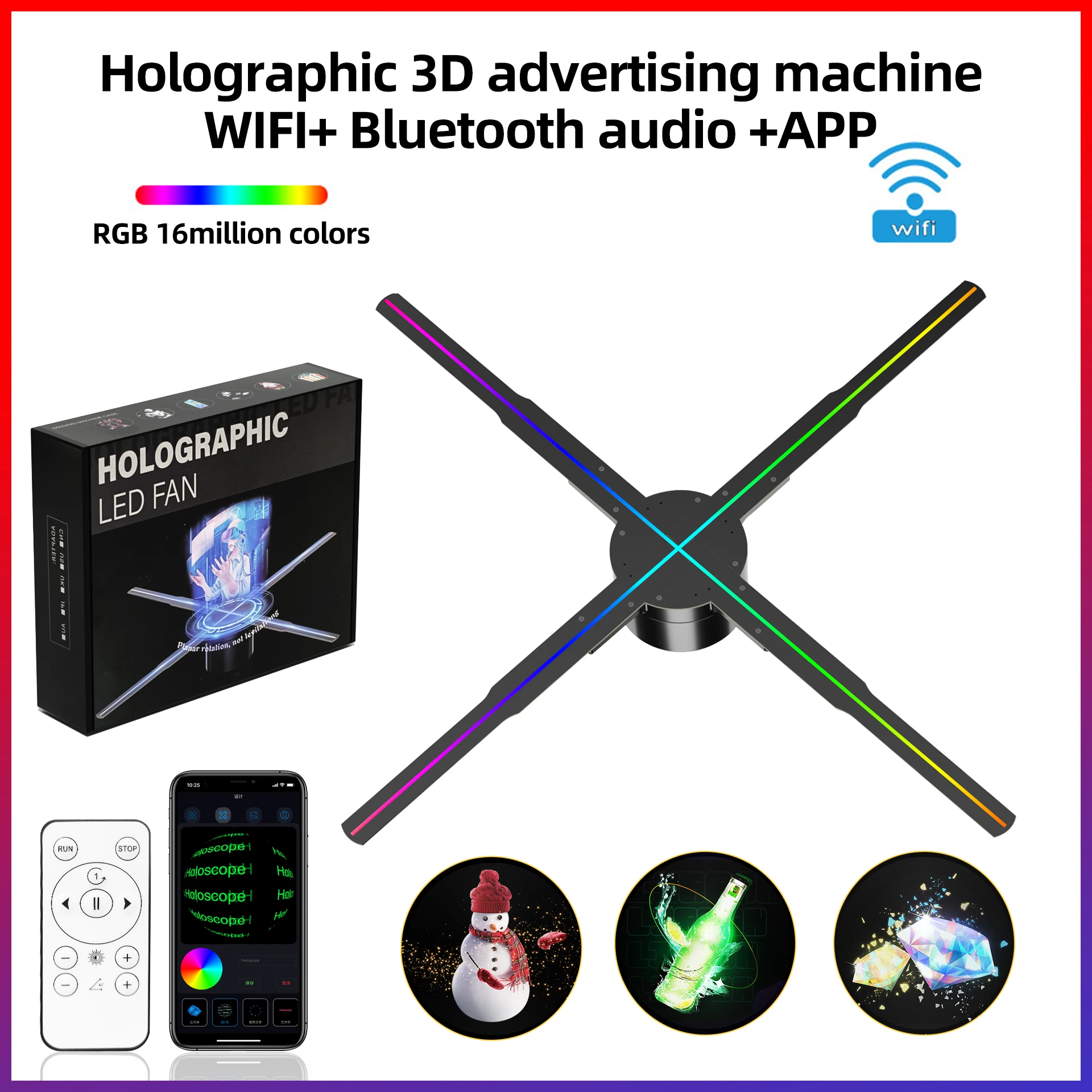 8.8cm Desktop 3D Holographic Projector Support Music Player Remote  Advertise Display 3D Fan Hologram Projector Logo Light