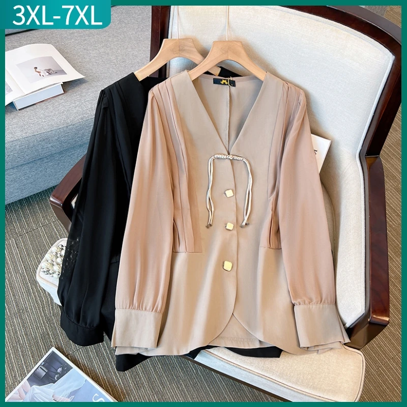 

New 2023 Spring Autumn Plus Size Tops For Women Large Size Long Sleeve Casual khaki Fashion V-neck Shirt 3XL 4XL 5XL 6XL 7XL