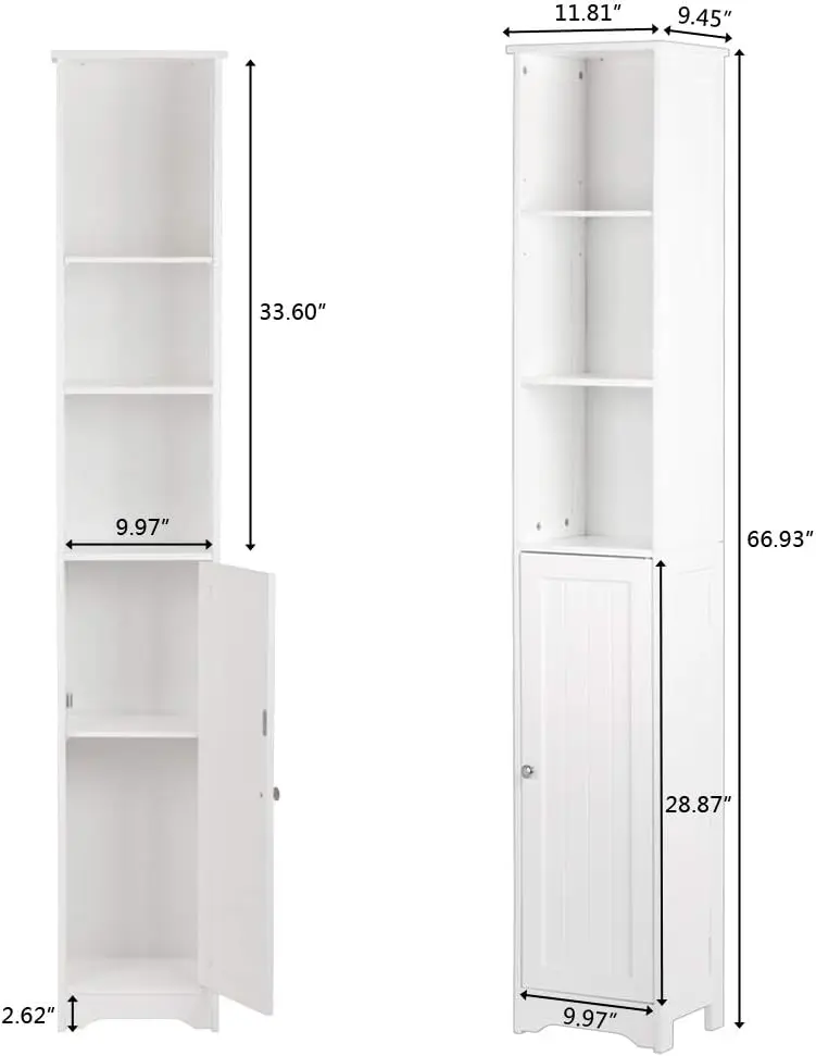 Storage Cabinet 12" Wide White Skinny Linen Cabinet with 3 Open Shelves Single Door Adjustable Shelf Space Saving Corner Pantry 3