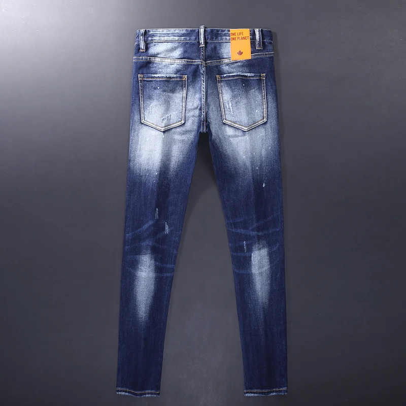 Fashion Vintage Trousers Men Jeans High Quality Retro Blue Elastic Slim Fit Ripped Jeans Men Patched Designer Brand Pants Hombre