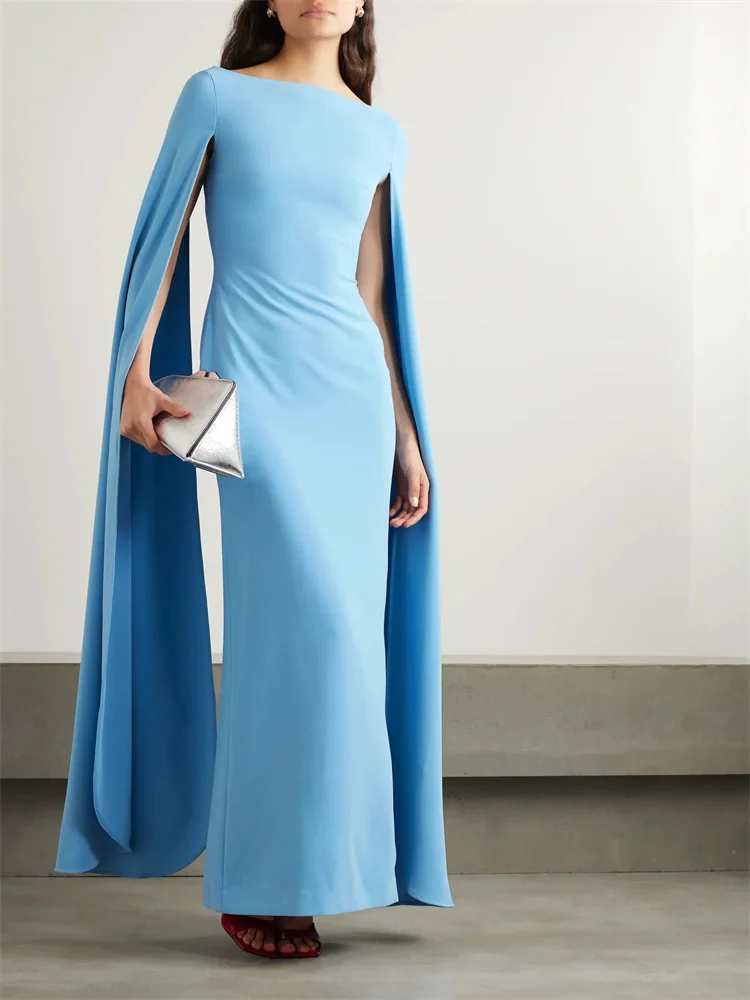Customized Long Draped Cape Sleeves Satin O Neckline