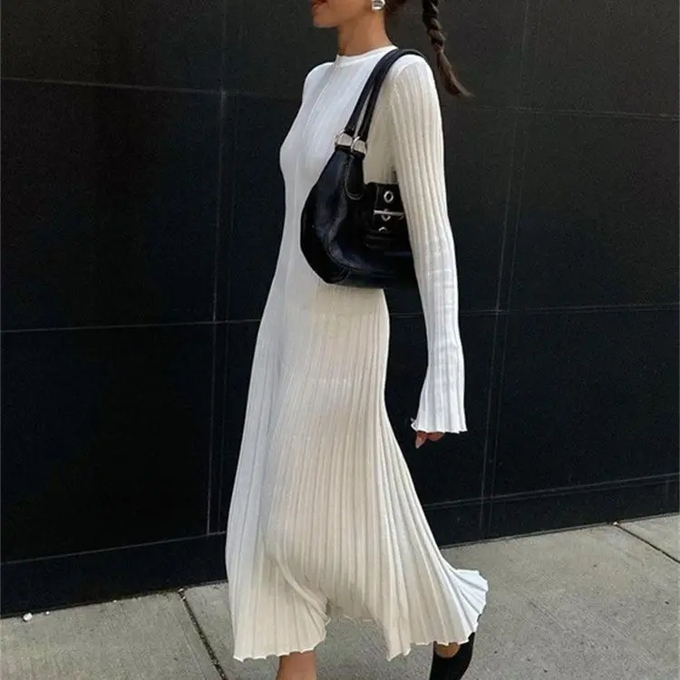 

Fashion Long Sleeve Crewneck Tight Knitted Sweater Dress 2023 Autumn New Sweater Dress Women Pit Solid Color Base Dress elegant