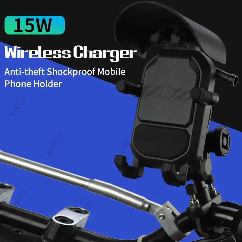 Shockproof Motorcycle Phone Holder with Shading and Rainproof Shield 15W Wireless Charger for Smartphone Bicycle Motorbike Stand