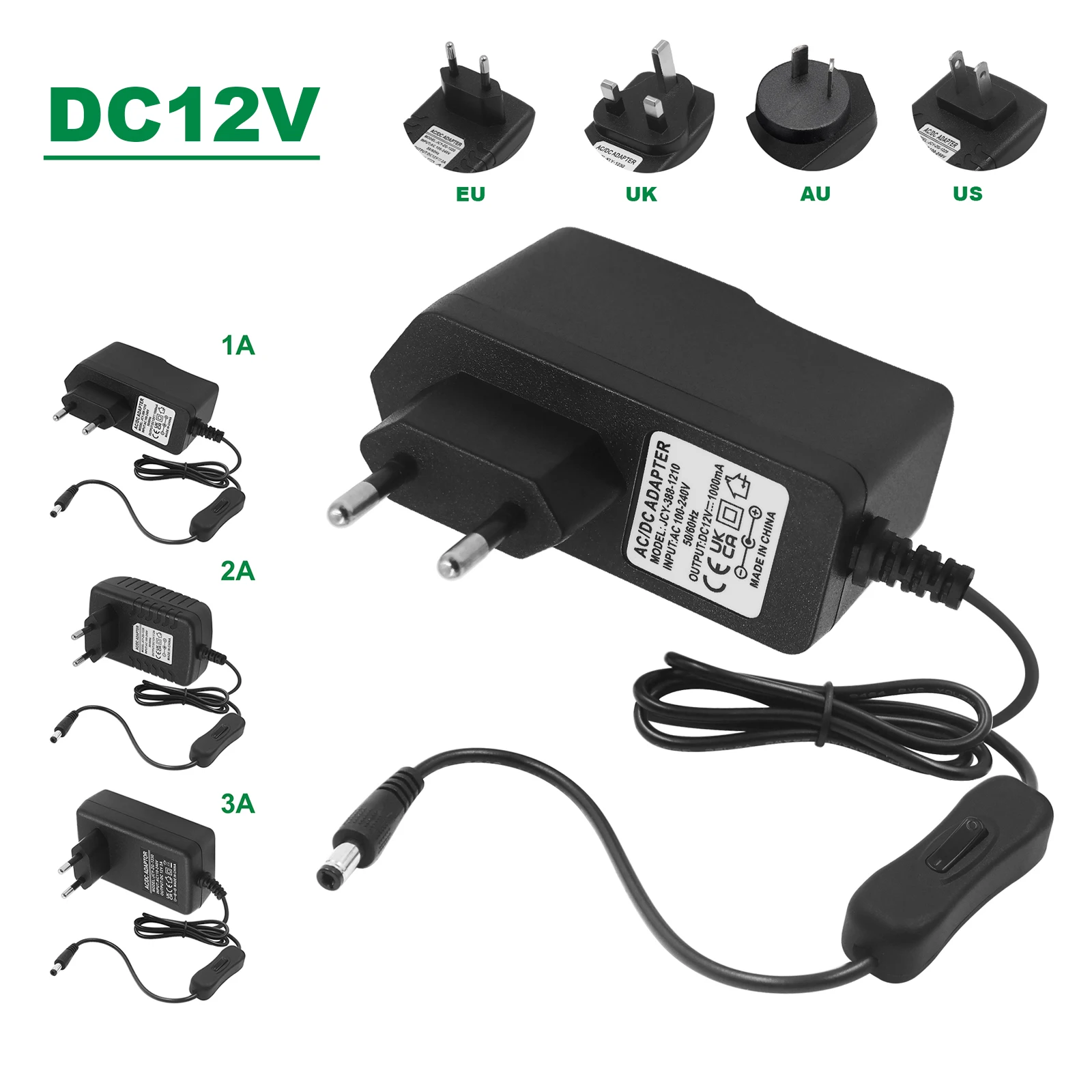 Universal Power Adapter with On/Off Switch - 12V DC Charger Converter, 100-240V AC Input