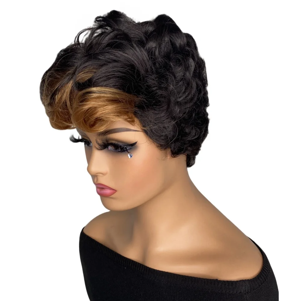 Short Black Wig with Mixed Brown Bangs Natural Short Haircuts for Women Synthetic Short Wigs for Black Women