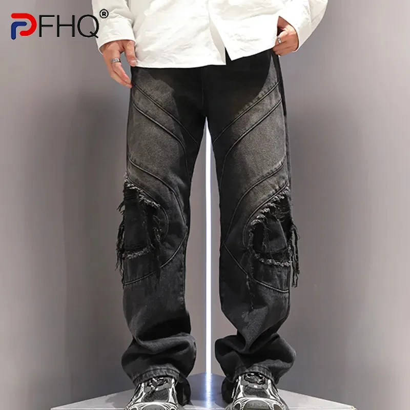 

PFHQ Men's High Street Leisure Personalized Denim Pants American Worn Out Vintage Motorcycle Autumn Straight Trousers 21Z2537