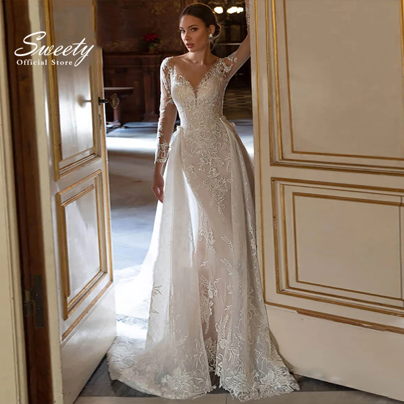 Luxury Detachable 2 In 1 Wedding Dress Embroidered Lace On Net With Train V-neck Sleeveless Vintage Bride Gowns Vestido De Novia