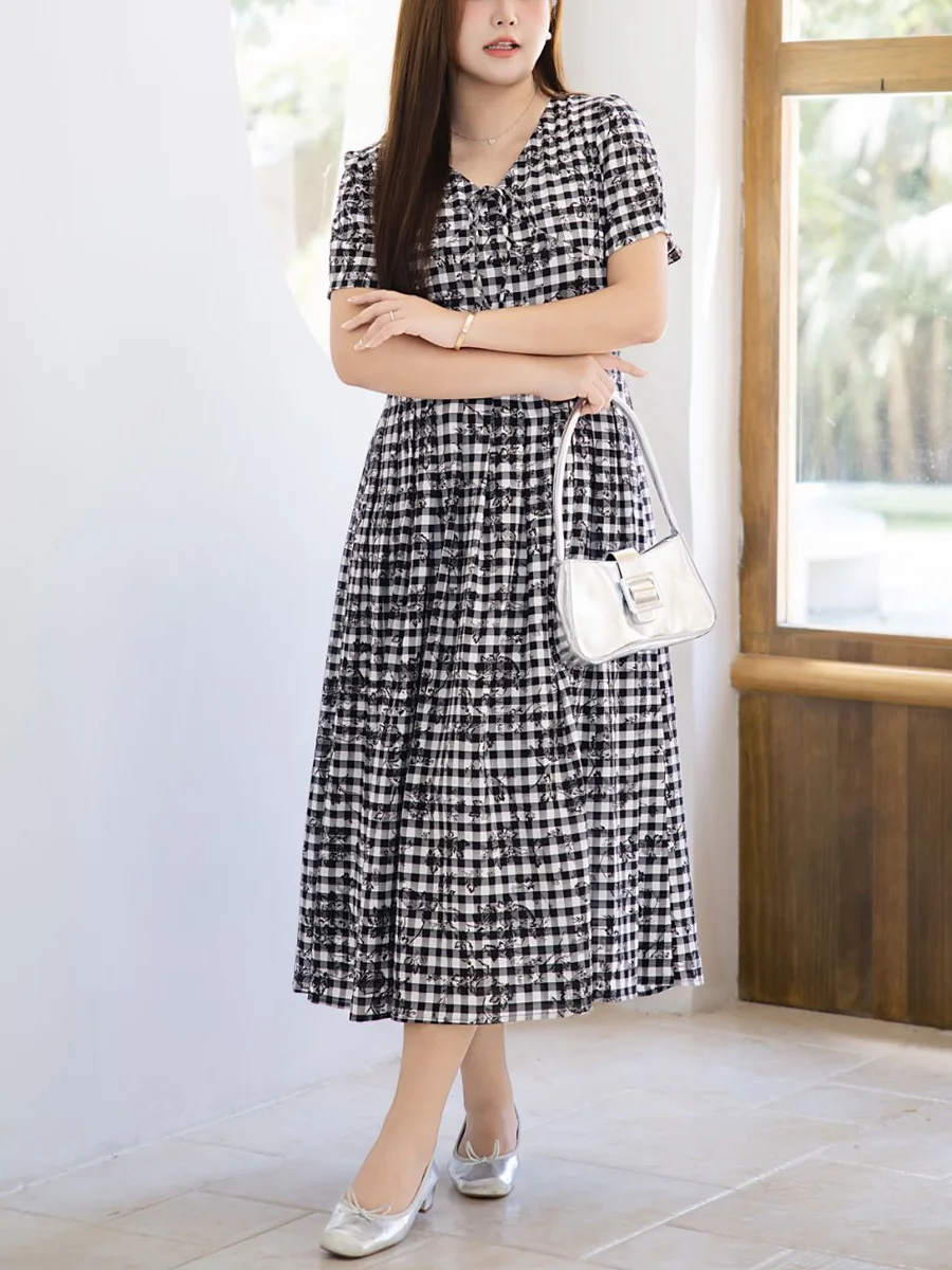 Plaid Rose Print V-neck Dress Plus Size Women Commuter French Short Sleeve Pleated A-line Dresses 9104