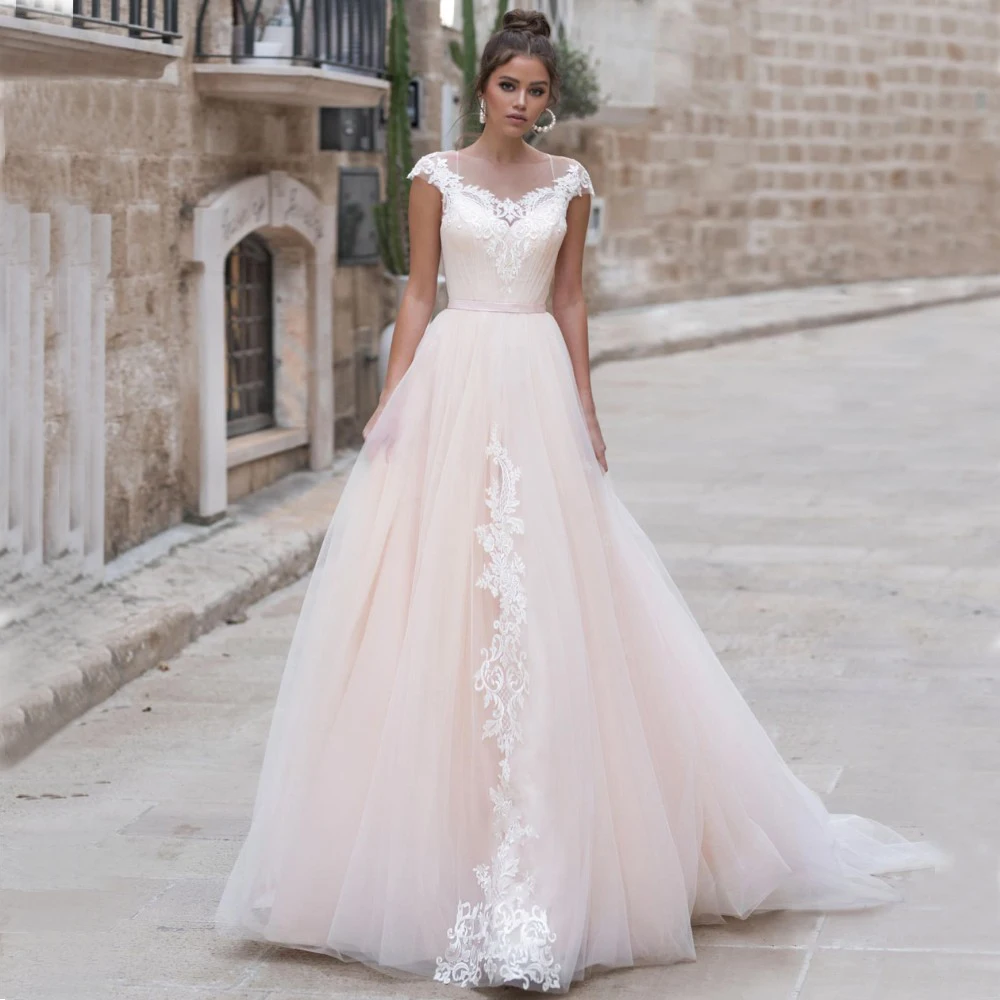 

Vestido De Noiva 2020 Blush Pink Tulle Lace Applique Wedding Dresses Cap Sleeves Illusion Floor Length Modest Bride Gown A-line