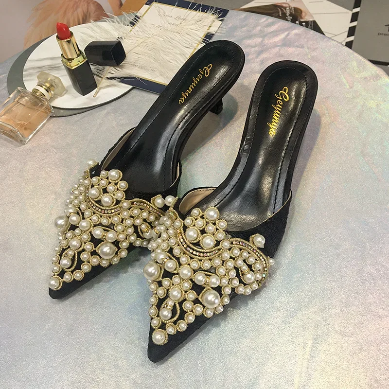 Pearl Luxury Designer High Heels Slippers Women Elegant Office Thin Heels Slides Female Pointed Toe Slingback Sandals Women