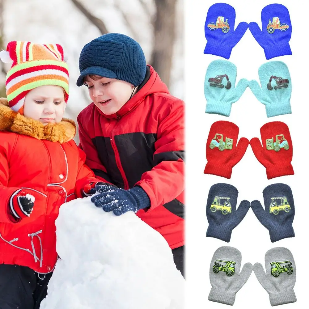 

2 pairs Thick Boys Girls Toddler Engineering Car Pattern Thick Warm Knitted Gloves Mittens Cute
