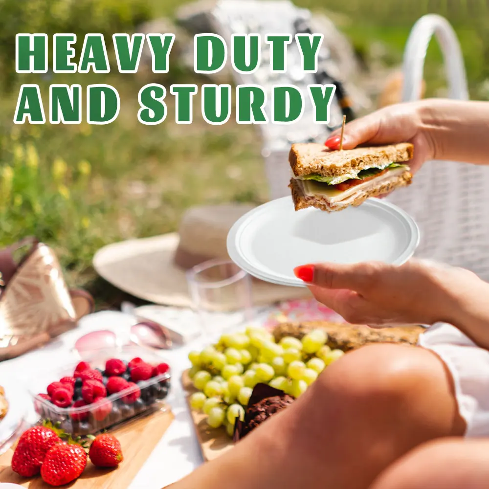 50PCS Disposable Plate Heavy-Duty Natural Sugarcane 7-inch ECO-friendly Biodegradable White Bagasse Paper Plate Party Dinner