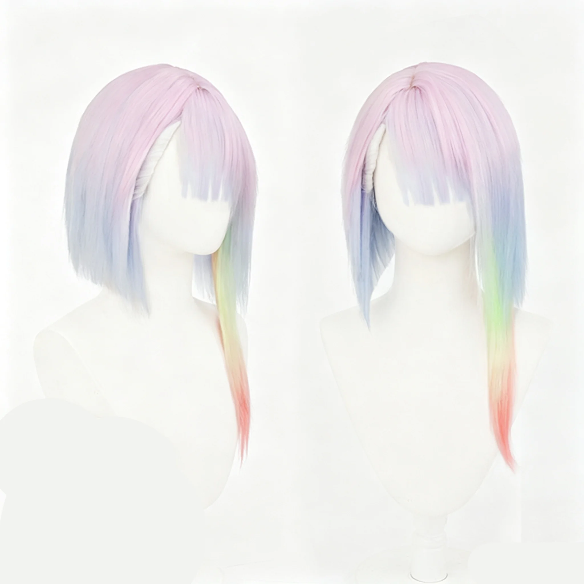 Parrucca Sintetica Corta con Frangia Multicolore Sfumato Stile Punk Anime Lucy Pastel Arcobaleno per Cosplay a Tema Sci-fi - immagine 5