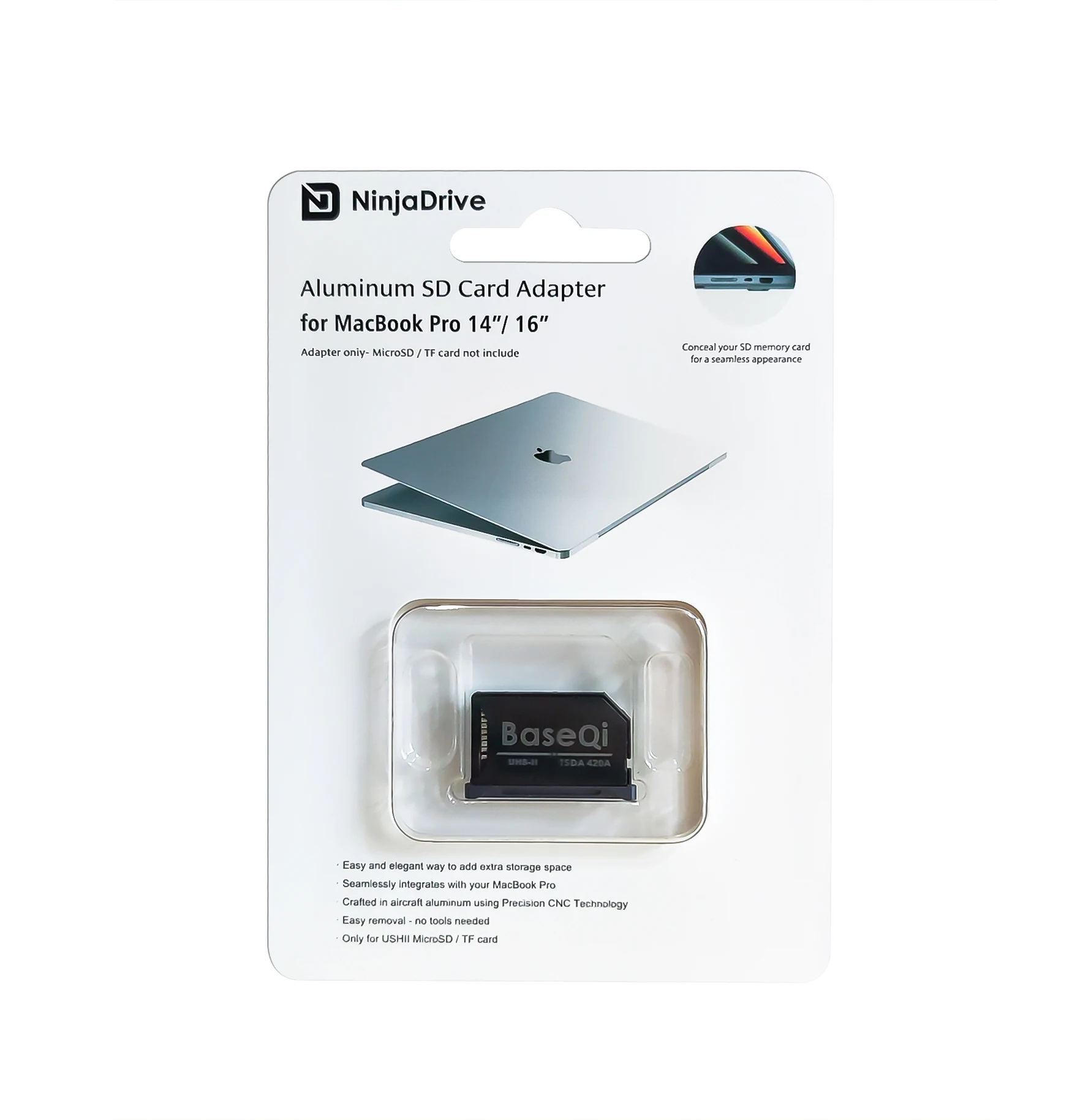 Baseqi-alumínio Invisible Drive Micro sd tf Card Adapter para Macbook Pro Retina Preto Leitor de Cartão sd 420ab 14 16