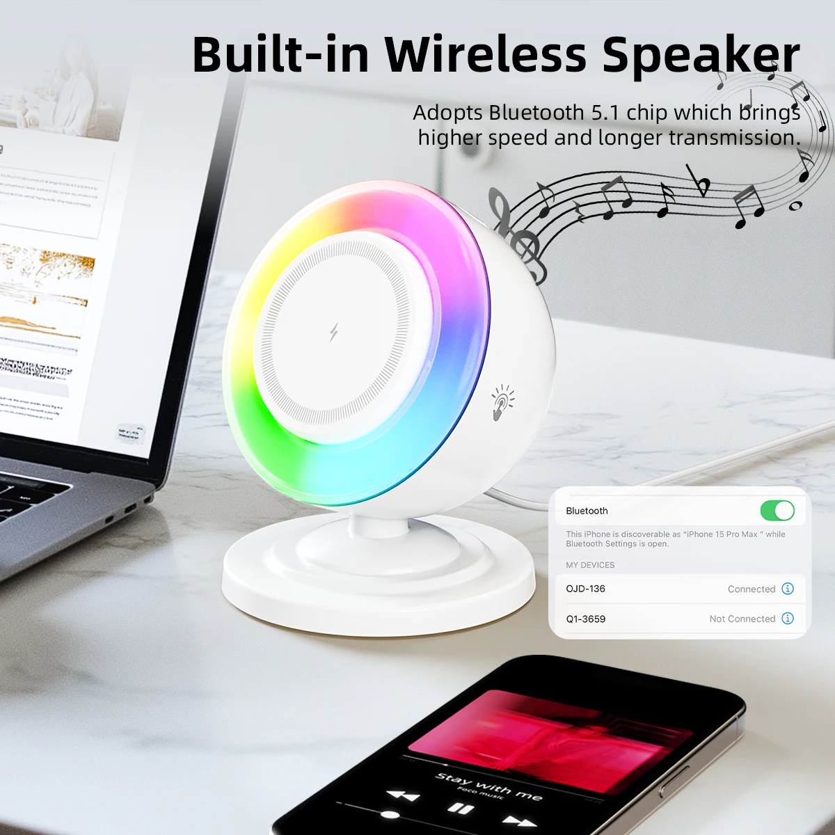 RGB Magnetic Wireless Charger Phone Holder Bluetooth Speaker For Magsafe iPhone 17 16 15 14 13 12 Pro Max Fast Charging Station