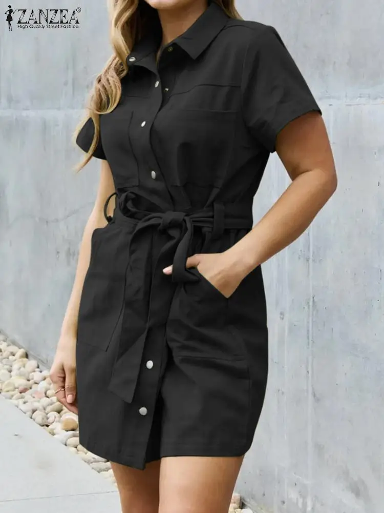 

2023 ZANZEA Woman Fashion Solid Color Dress Summer Short Sleeve Lapel Button Up Dresses Casual Knee Length Sundress Oversized