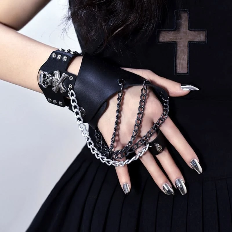 

Lolita Retro punk Goth Steam Chain Leather Gloves wrist guard hand wrist guard Wrist accessories Streetwear