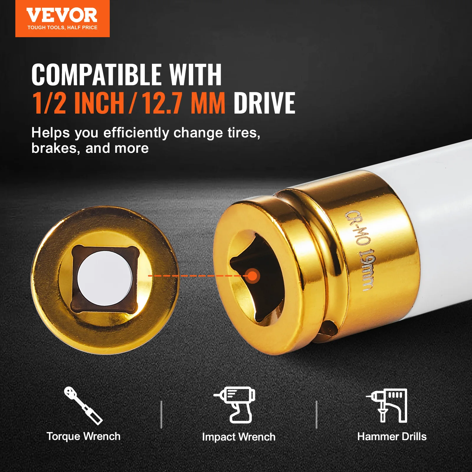 VEVOR 1/2 inch Drive Metric 6-Point Deep Socket Set, 7 Total Lug Nut Sizes 17/19/21/22/23/24/27mm, for Auto Repair 2