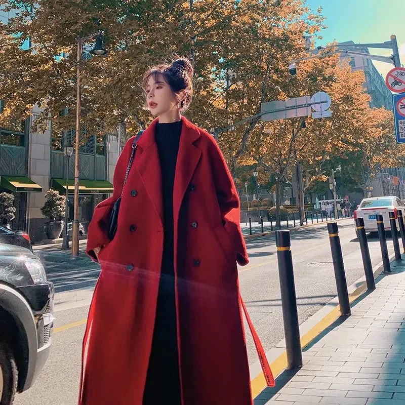 

Winter Autumn Christmas Red Black Loose Long Wool Coat Jacket Belt Woolen Overcoat Korean Women Split Hem Cardigan Outerwear XL