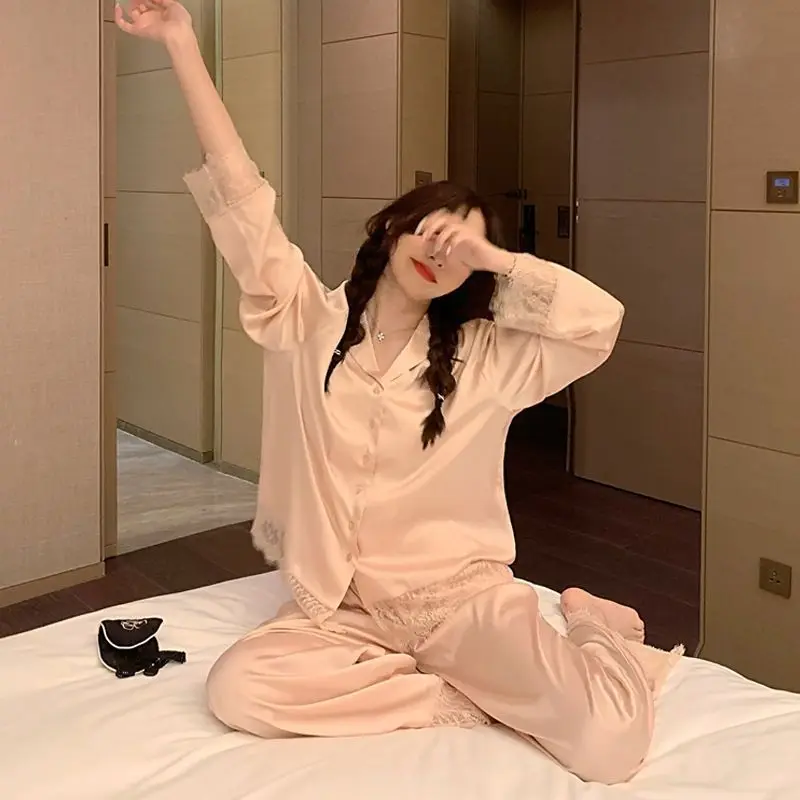 Pigiama donna camicia da notte in seta primavera autunno pantaloni a maniche lunghe indumenti da notte in pizzo sexy scollo a V allentato casual semplice sottile Pama_voghion.com