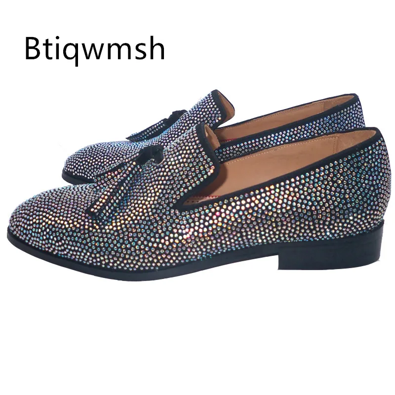 

Black Rhinestone Shoes Man Pointed Toe Rivet Tassel Flats For Men Fashion Party Shoes