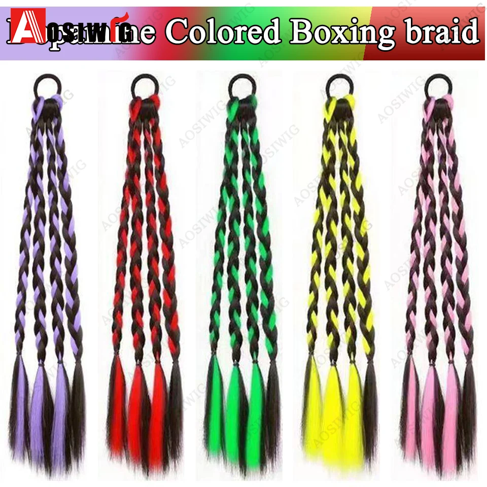 Y2K 합성 옴브레 컬러풀 도파민 컬러 복싱 브레이드 포니테일 연장 가발 4가지 브레이드 고무줄 헤어스타일 여성용 데일리