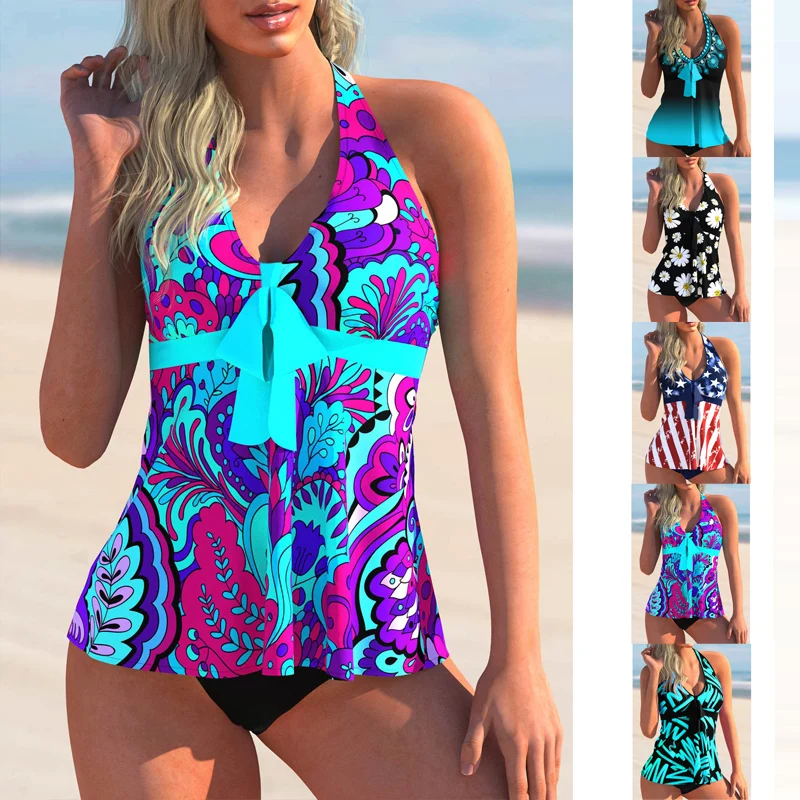 

2023 женский пляжный купальник с принтом, сексуальный женский купальник с открытыми плечами, танкини, купальник из двух частей, пляжный костюм