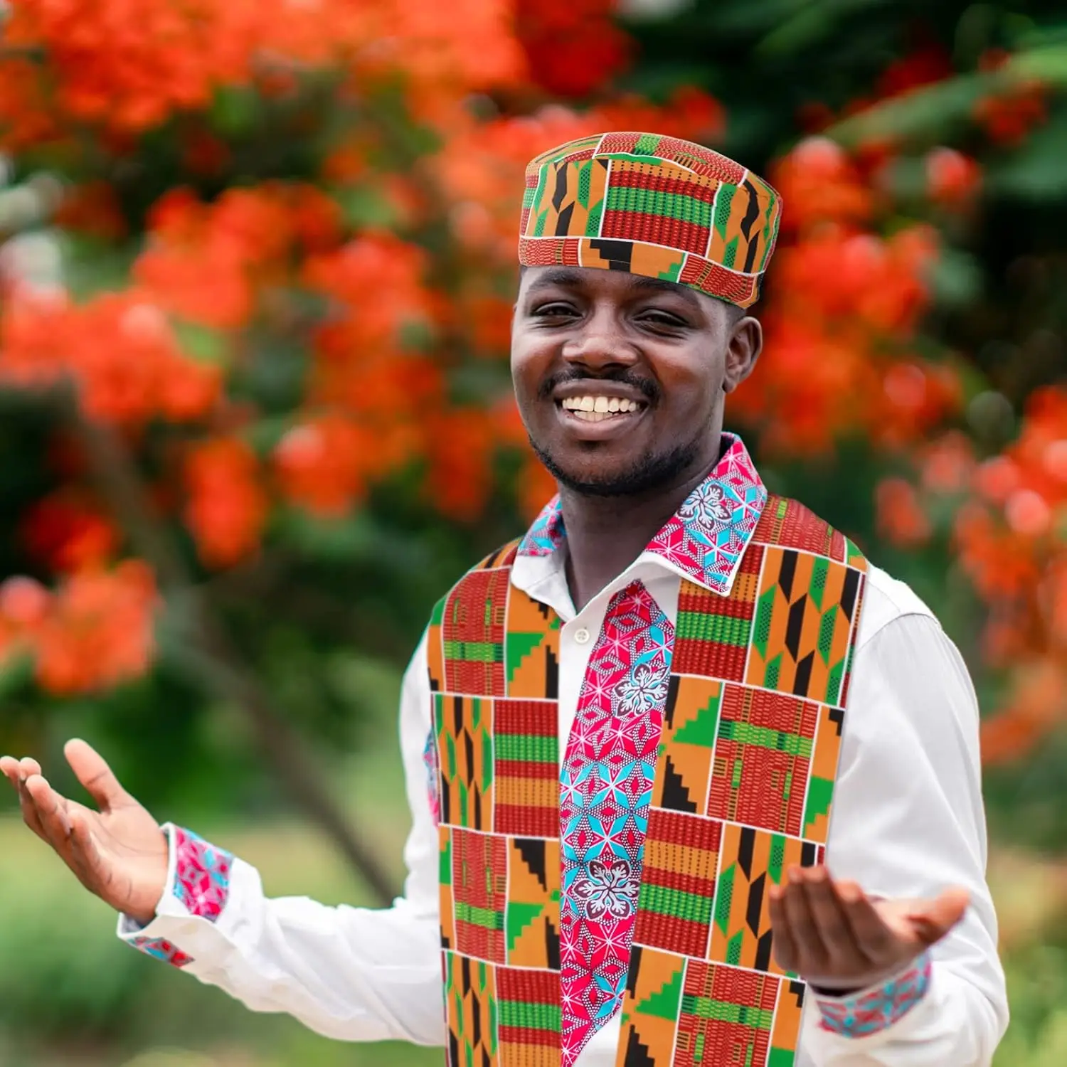African Kente Pattern Kufi Hat and Stole Set