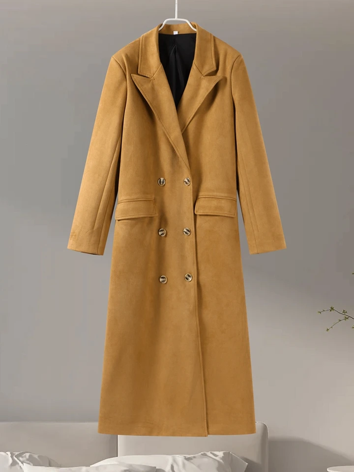 Elegant Suede Leather Women Long Windbreaker Coats Chic Lapel
