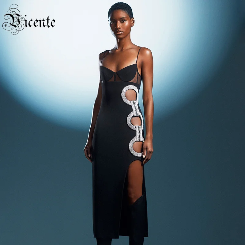 

VC Summer New Women's Crystal Skirt V-Neck Suspender Hollow Sleeveless Dress