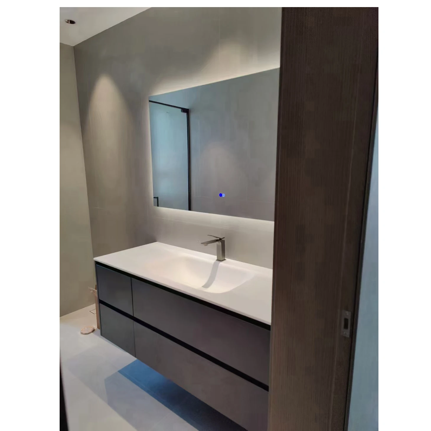 2000mm Bathroom Furniture Corian Basin Oka Wood Cabinet Light Mirror Custom-Made Comb Vanity 008A