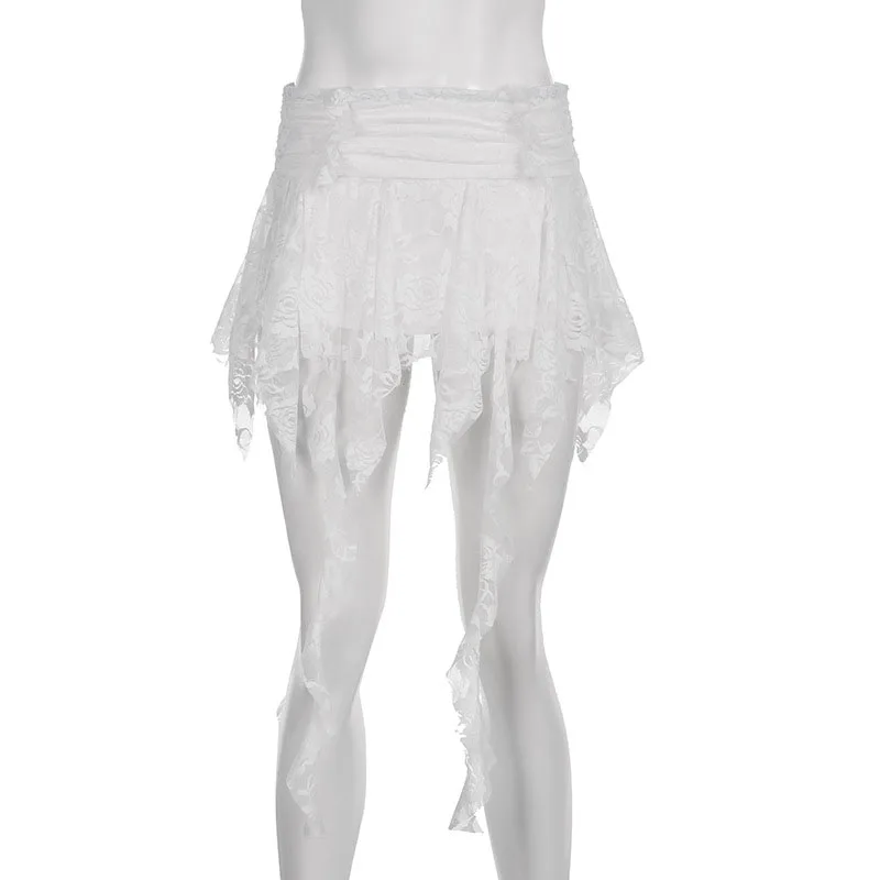 y2k Fairycore Skirt Women Clothing White Low Elastic Waist Irregular Ruffle Hem Skirt 2000s Party Skirts Streetwear