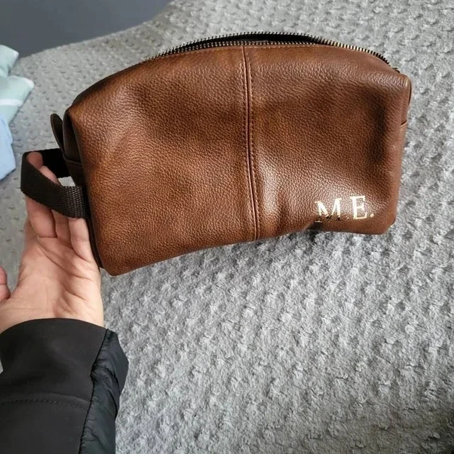 Toiletry Wash Bag Personalised With Gold Monogram Lnitials Black Leather Look For Him Groomsmen Mens Dad Bestman Father Gift 5