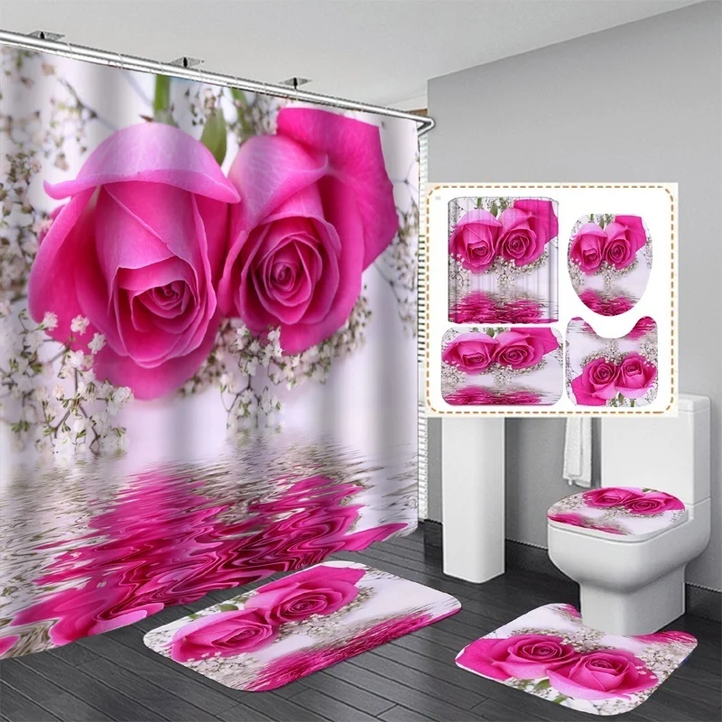 Pink Rose Waterproof Shower Curtain Bathroom Mat Set Toilet Lid Cover